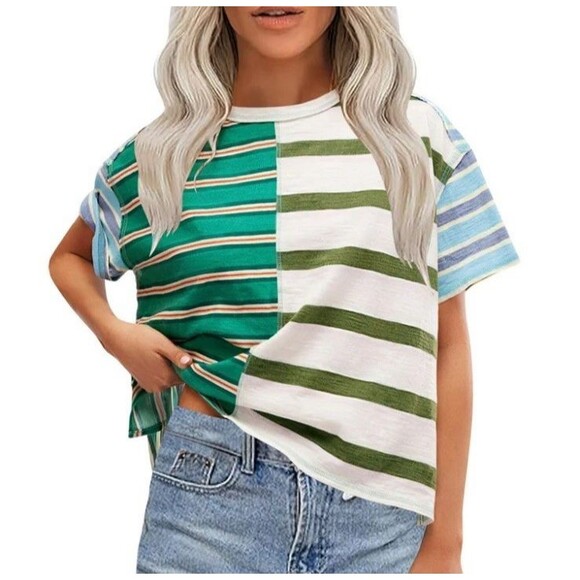 Free People Get Real T-Shirt Oversized Medium S/S Color-block Striped Green New - Picture 3 of 16